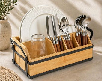 Bamboo Utensil Holder, 5 Compartment Caddy, Kitchen Counter Organizer, Party Supply Storage