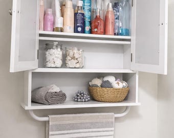 White Farmhouse Bathroom Wall Cabinet with Towel Bar Storage Organizer