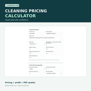 Könnte beinhalten: Ein digitales CleanQuote Pro Reinigungspreis-Rechner-Tool mit Eingabefeldern für Kundendaten, Arbeitsumfang, Arbeitskosten, Gemeinkosten, Gewinnspannen und Rabatte für wiederkehrende Besuche auf einer weißen Benutzeroberfläche.