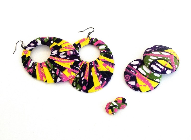 Earring Fab Buttons or Studs Traditional African Batik Wax-Print Wrapped Oval Fan-Shaped Hoops