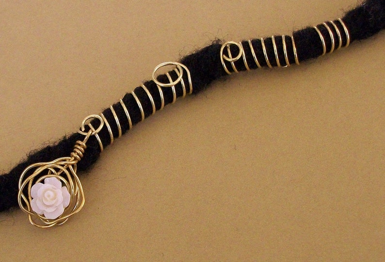 Off-White Stone Rose in a Wire-Wrapped Gold Rose Loc Jewel and Coordinating Slides Dreadlock Jewelry
