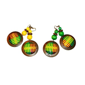 Boucles d'oreilles Fab - Bouton traditionnel africain en tissu à imprimé kente et gaufrettes en bois