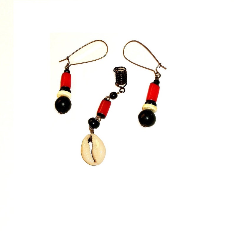 Red Black and White Caribbean Flair Loc Jewel and Earrings Set Dreadlock Jewelry