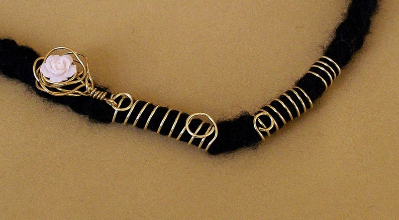 Off-White Stone Rose in a Wire-Wrapped Gold Rose Loc Jewel and Coordinating Slides Dreadlock Jewelry