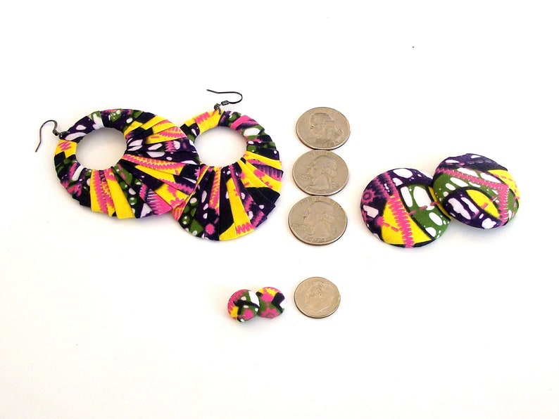 Earring Fab Buttons or Studs Traditional African Batik Wax-Print Wrapped Oval Fan-Shaped Hoops
