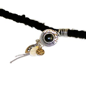 Dreadlock Jewelry - Black and Antique Silver Hammered Design Mother of Pearl Loc Jewel