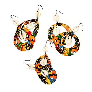 Earring Fab - Traditional Kente-Print and Cowrie Teardrop or Circle Wrapped Hoops (Buttons Also Available)