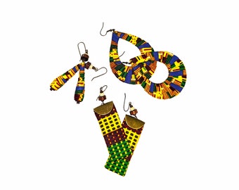 Earring Fab - African Kente Wrapped Cone-Shaped, Rectangle, and Teardrop Dangles (INDIVIDUAL PURCHASES)
