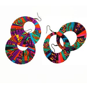 Earring Fab - African Kente Patchwork-Print Circle Fan Shaped or Oval Hoops (Individual Purchases)