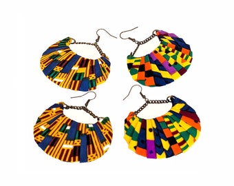 Earring Fab - Traditional African Kente and Patchwork-Print Fan-Shape Dangles (Each Pair INDIVIDUAL PURCHASE)