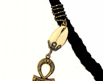 Dreadlock Jewelry - Antique Gold and Cowrie Ankh Loc Jewel and Accent Slide