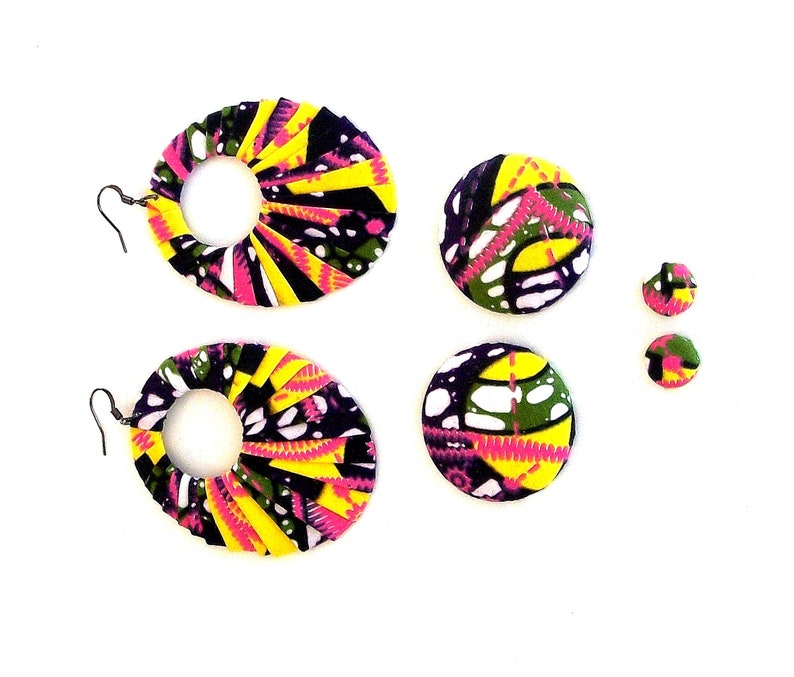 Earring Fab Buttons or Studs Traditional African Batik Wax-Print Wrapped Oval Fan-Shaped Hoops