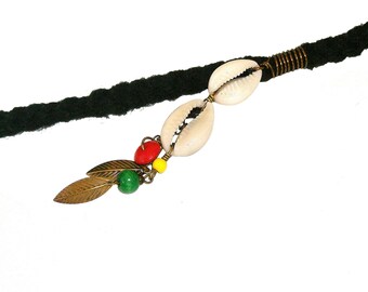 Dreadlock Jewelry - Rasta Cowrie and Antique Brass Leaf Charms Loc Jewel