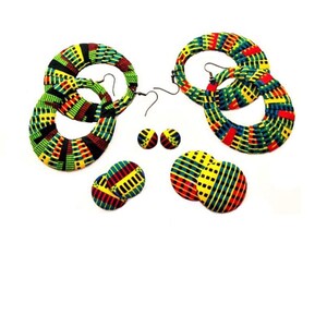 Earring Fab - Traditional African Green Kente-Print Wrapped Oval Hoops and Buttons