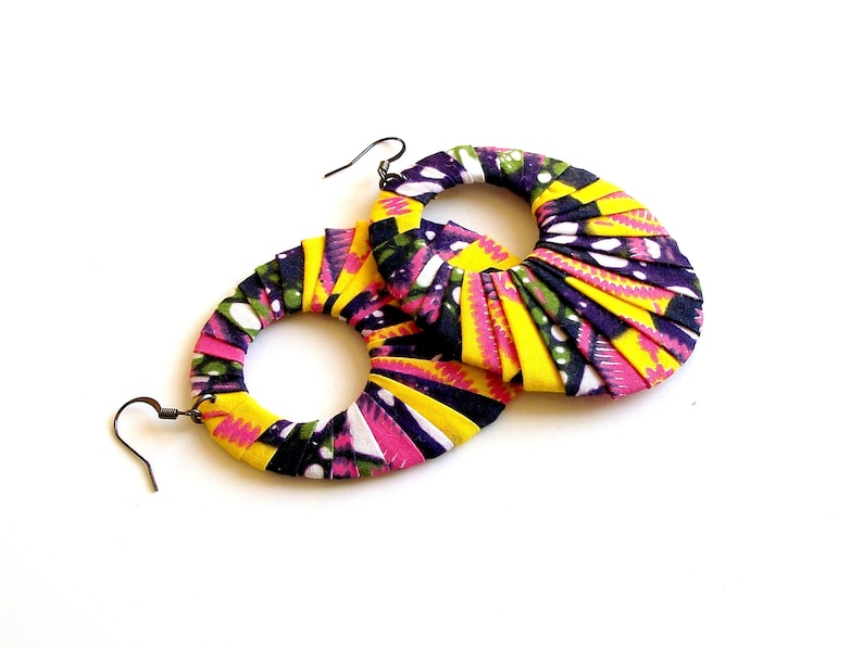 Earring Fab Buttons or Studs Traditional African Batik Wax-Print Wrapped Oval Fan-Shaped Hoops
