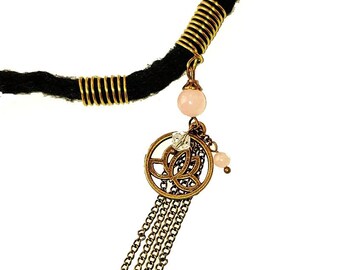 Dreadlock Jewelry - Rose Quartz and Antique Gold Lotus Charm Loc Jewel and Coordinated Slide