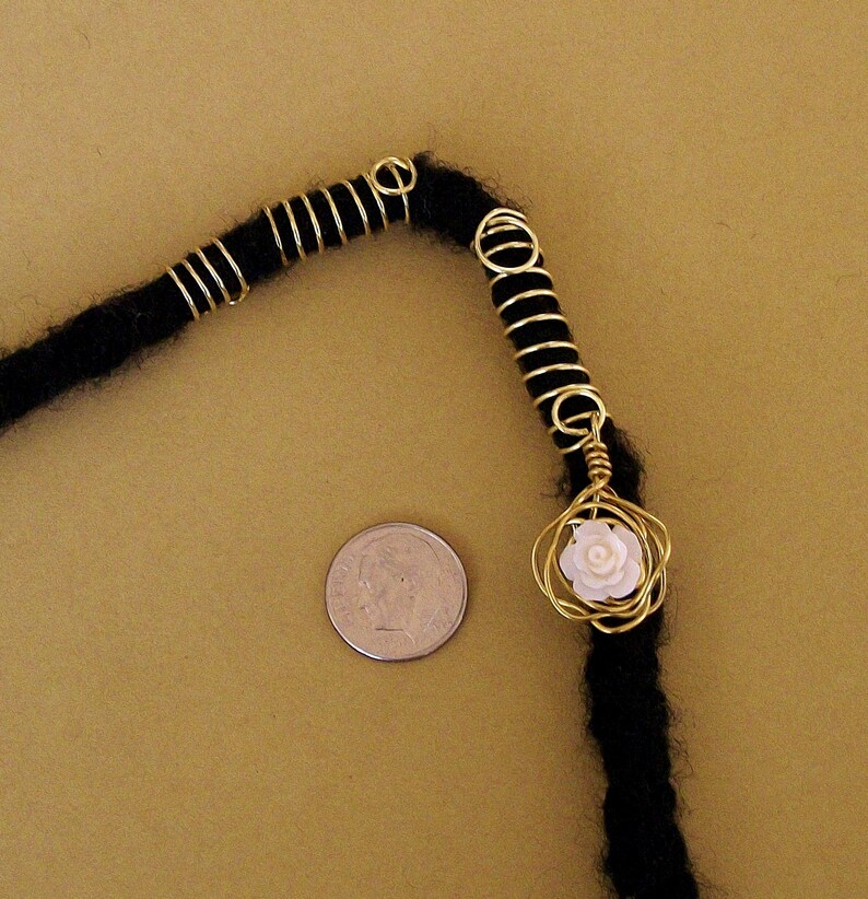 Off-White Stone Rose in a Wire-Wrapped Gold Rose Loc Jewel and Coordinating Slides Dreadlock Jewelry