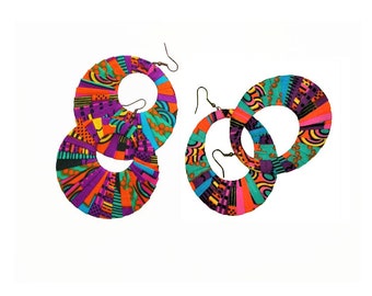 Earring Fab - African Kente Patchwork-Print Circle Fan Shaped or Oval Hoops (Individual Purchases)