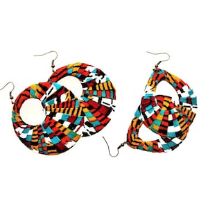 Earring Fab - Traditional African Kente-Print Circle or Diamond Fan-Shaped Wrapped Earrings (Buttons Available in 4 Sizes)
