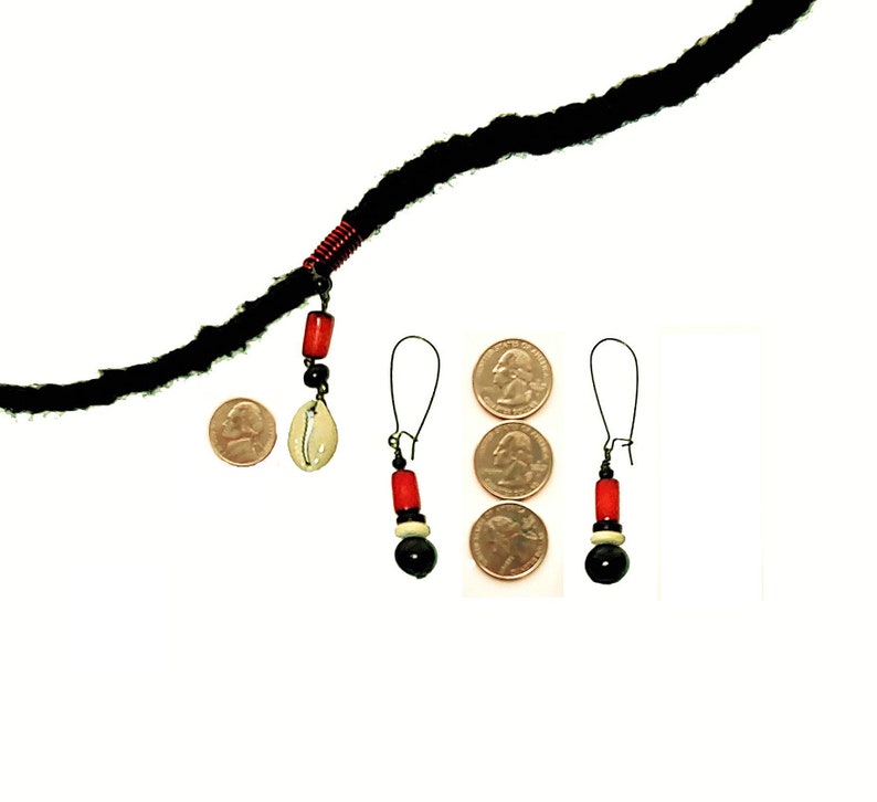 Red Black and White Caribbean Flair Loc Jewel and Earrings Set Dreadlock Jewelry