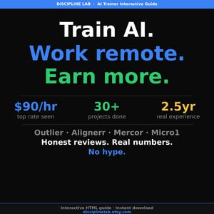 Könnte beinhalten: Schwarze Grafik mit weißem Text, der lautet: "Train AI. Work remote. Earn more." Zusätzlicher Text enthält "90 $/Stunde", "30+ Projekte erledigt" und "2,5 Jahre echte Erfahrung". Der untere Teil der Grafik lautet: "Ehrliche Bewertungen. Echte Zahlen. Kein Hype."