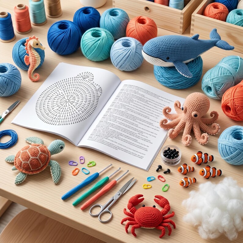May include: A collection of crochet supplies and finished projects, including a blue whale, octopus, turtle, and crab. Various colored yarn balls, crochet hooks, scissors, and a pattern book are arranged on a wooden surface.