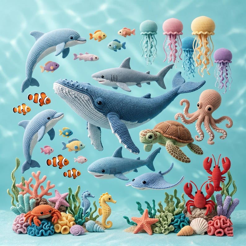 May include: A collection of crocheted sea creatures, including a whale, dolphins, sharks, fish, jellyfish, an octopus, a turtle, a stingray, a lobster, and seahorses. The aquatic animals are in various colors, set against a light blue background.