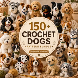 Può includere: Una collezione di figurine di cani all'uncinetto in varie razze e colori, con un cartello che recita "150+ CROCHET DOGS PATTERN BUNDLE". I cani sono disposti attorno al cartello, mostrando la varietà di modelli.