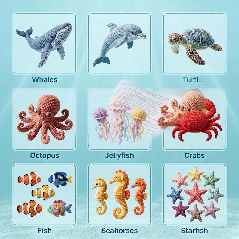May include: A collection of handmade crochet sea creatures, including a whale, dolphin, turtle, octopus, jellyfish, crabs, fish, seahorses, and starfish. Each item is a unique, colorful creation, perfect for ocean-themed decor or children's toys.