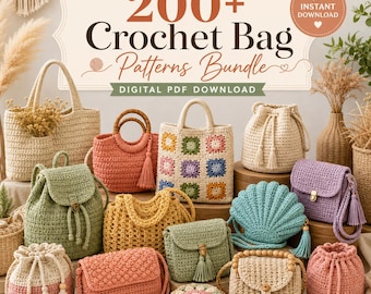 May include: A collection of crochet bags in various styles and colors, including totes, backpacks, and purses. The image features a variety of textures and designs, with some bags showcasing tassels and wooden handles. Text on the image reads "200+ Crochet Bag Patterns Bundle".