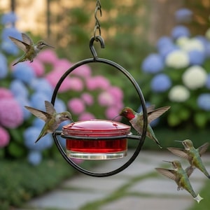 Puede incluir: Un comedero para colibríes de metal negro con un depósito de vidrio rojo, suspendido de una cadena. Varios colibríes con plumaje verde y rojo se muestran alimentándose del comedero, con las alas extendidas. El fondo presenta coloridas hortensias.