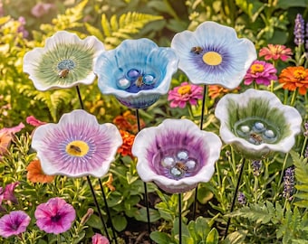 Handgefertigte Keramik Bestäuber & Tränke Biene und Schmetterling Kunst Puddler Blumen Vogeltränke Gartenstecker, Outdoor Gartendekoration Geschenk