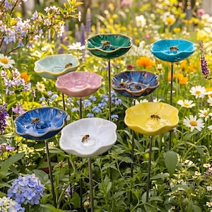 Ceramic Bee Water Station, Bee Garden Stake Pollinator, Insect Water Bowl Garden Insect Water Feeder Handmade Garden Decor