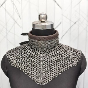 Handcrafted Mild Steel 9 mm 17 gauges  Chainmail Aventail with Padded Leather Neck Trim