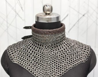 Handcrafted Mild Steel 9 mm 17 gauges  Chainmail Aventail with Padded Leather Neck Trim
