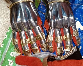 Handcraft Medieval Steel Gauntlets Armor Gloves Brass Accents Red Leather Inner LARP