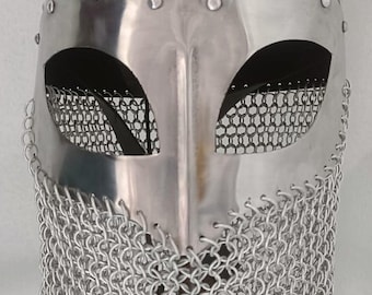 Handcrafted Medieval Norman  Helmet with Chainmail Aventail  Polished Steel Viking Nasal Helmet