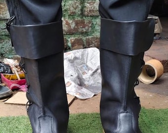 Handmade Medieval Viking Leather Boots Black Knee High Knight Boots for Historical