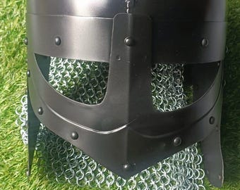 Handcrafted Medieval Black Norman Helmet with Chainmail Aventail  Viking Nasal Mild Steel Helmet