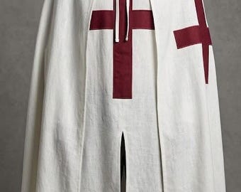 Handcrafted Medieval Templar Hooded Cloak  White Crusader Cape with Red Cross  Costume