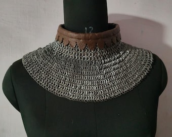 Handcrafted Medieval Chainmail Collar Mantle – Flat Riveted Mild Steel Gorget, Leather Neck Guard