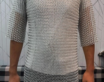 Handcrafted Medieval Aluminum Chainmail Hauberk Shirt – 16 Gauge Round Ring Mail Armor, Half Sleeve