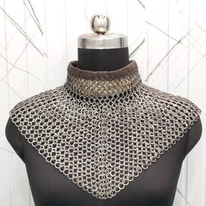 Handmade Mild Steel Flat Riveted Chainmail Aventail with Leather Neck Collar