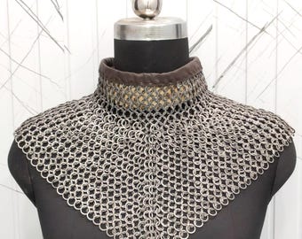 Handmade Mild Steel Flat Riveted Chainmail Aventail with Leather Neck Collar