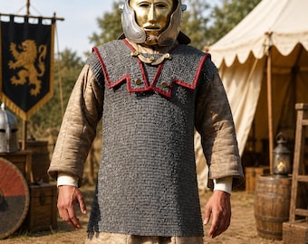 Handmade Riveted Chainmail Hauberk: Blackened Mild Steel, Red Leather Trim – Medieval Armor Shirt