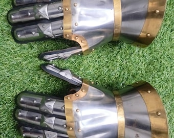 Medieval Gothic Plate Gauntlets  Handmade Mild Steel Knight Gloves with Brass Accents  Costume
