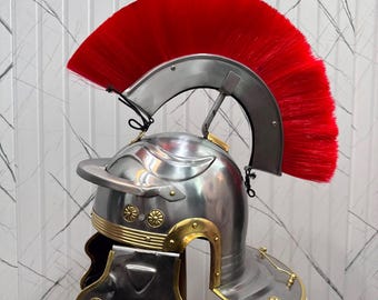 Handcrafted Roman Centurion Helmet, Steel Legionary Armor with Red Plume, Brass Accents