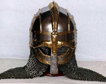 Handcrafted Viking Spectacle Helmet with Chainmail Aventail, Polished Steel Brass Trim