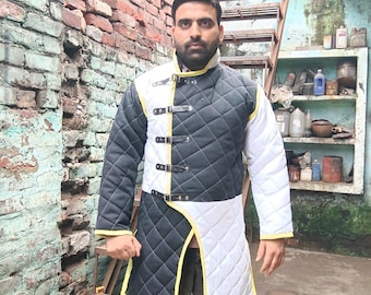 Handcraft Medieval Quilted Gambeson Jacket Black White Padded Armor Coat LARP Costume