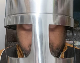 Handcrafted Polished Steel Crusader Helm with Leather Liner